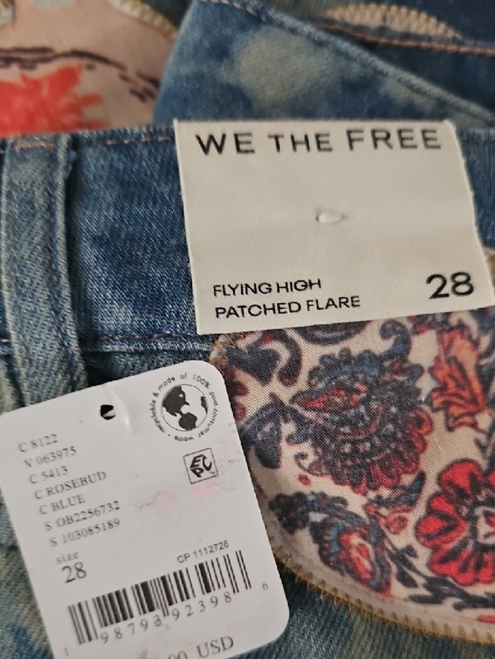 Free People Flying High Patched Jeans We The Free Embroidered Free Birds 28 NWT - Picture 5 of 5